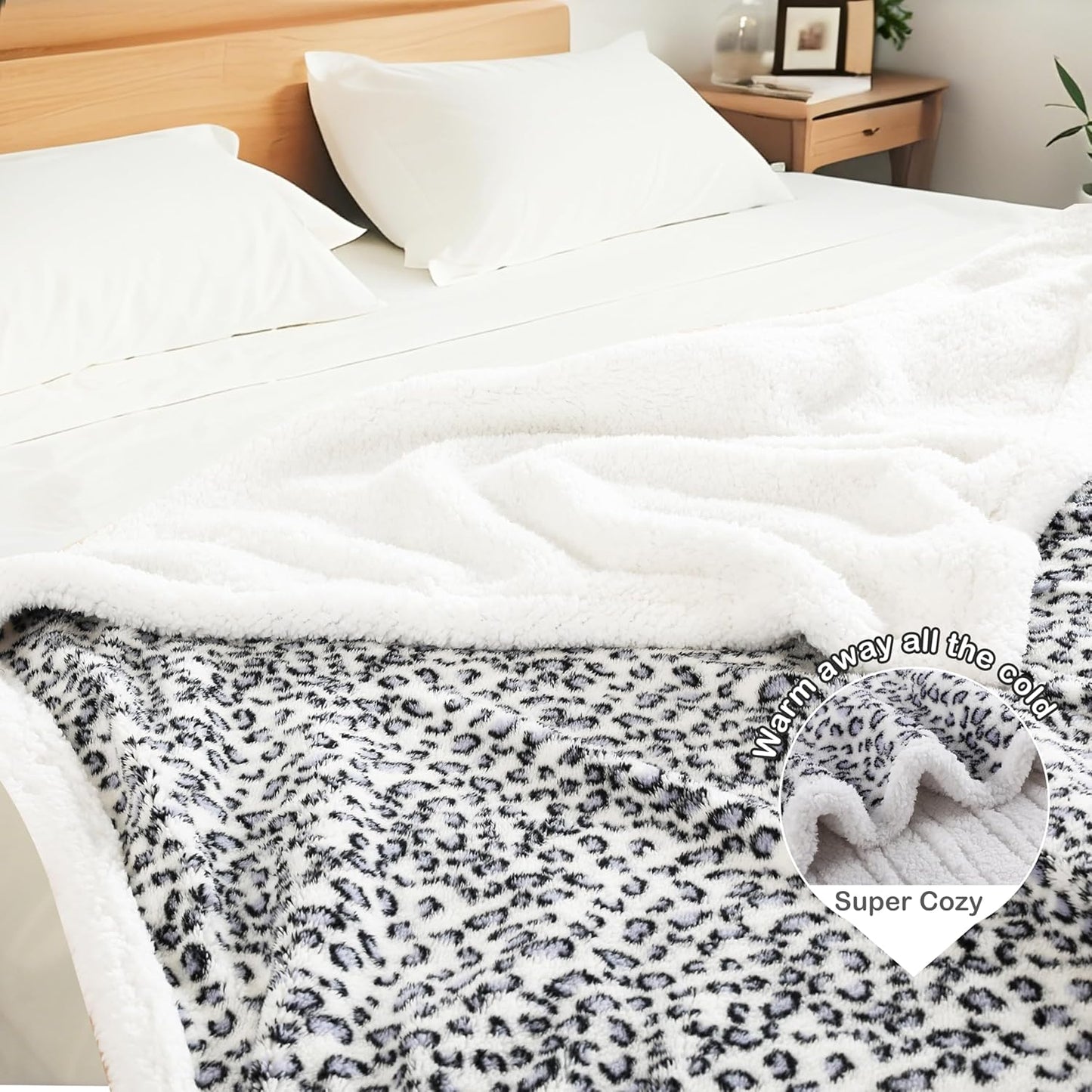 Electric Heated Blanket Full Size 72×84, 10H Auto Off & 6 Heating Settings Fluffy Ultra Soft Warmth Lightweight Cozy Plush Sherpa Machine Washable, Fast Heating, Home Office Leopard Print Blue & White