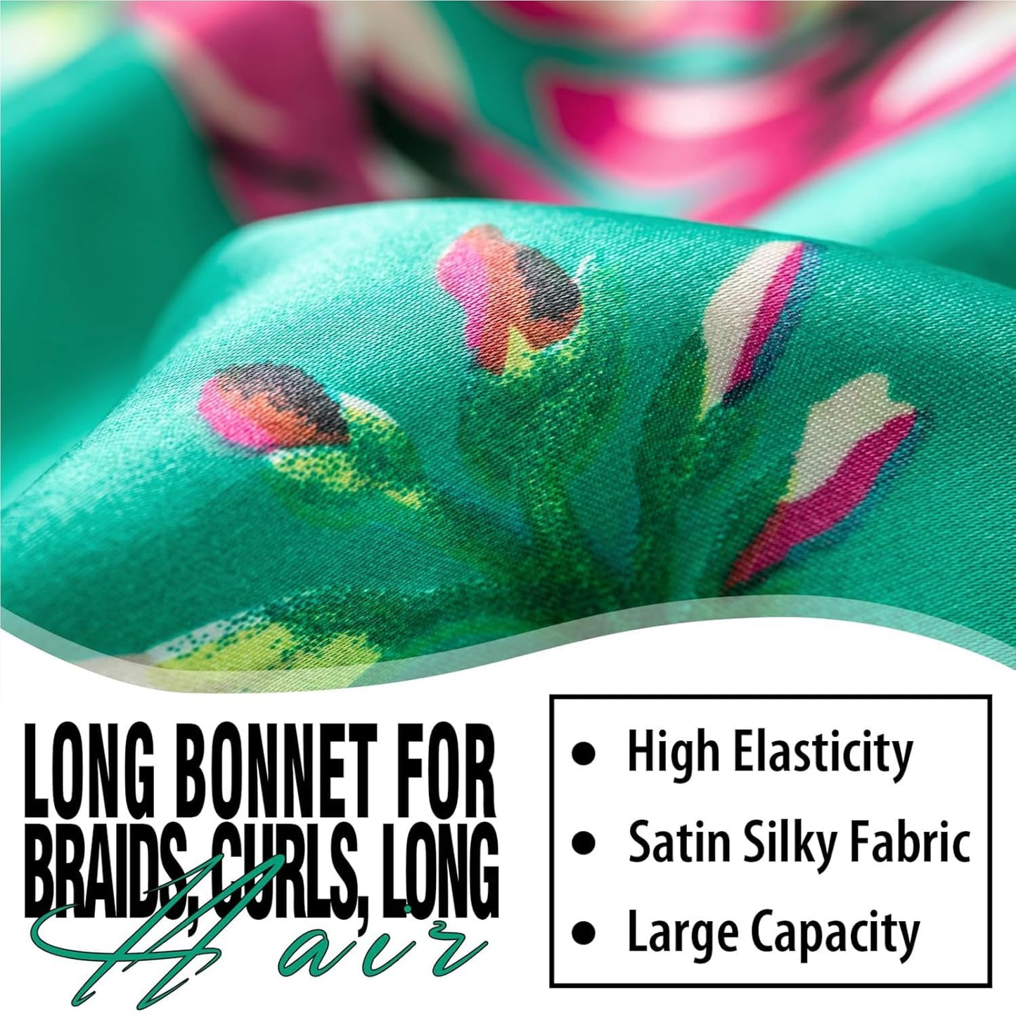 2Pcs Bonnets for Black Women Braid Bonnet, Large Long Satin Bonnet for Braids, Silk Bonnet with Stretchy Tie Band Sleep Cap Hair (2Pcs-Black&Printing Flower)