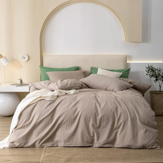 JIYUAN 100% Washed Cotton Duvet Cover Set Comfy Simple Style Soft Breathable Textured Durable Linen Feel Bedding for All Seasons King, Taupey