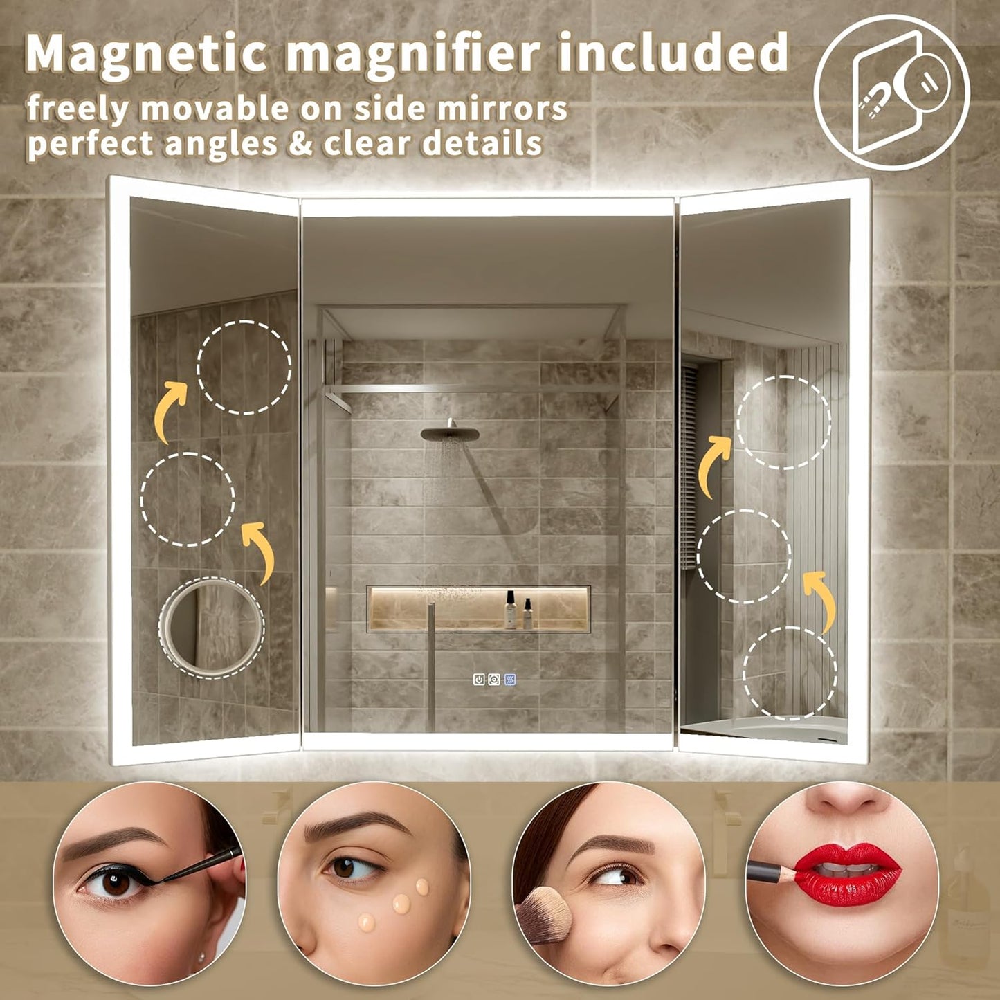 54x36 Trifold Bathroom Mirror with Lights with Removable Magnifier, 180° Foldable LED Mirror for Bathroom, Front&Backlit, Wall Mounted, Stepless Dimming, Color Temper Change, Anti Fog