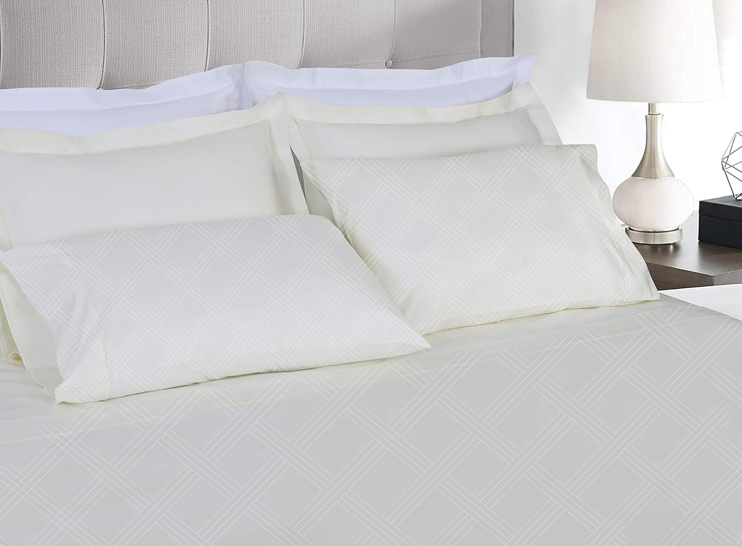 Threadmill Luxury 100% Cotton King Sheets - 800 Thread Count Jacquard Celine Ivory, Better Than Egyptian Cotton,4 Pc Striped Bed Set, Damask Sheets, Fits 16'' Deep Pocket
