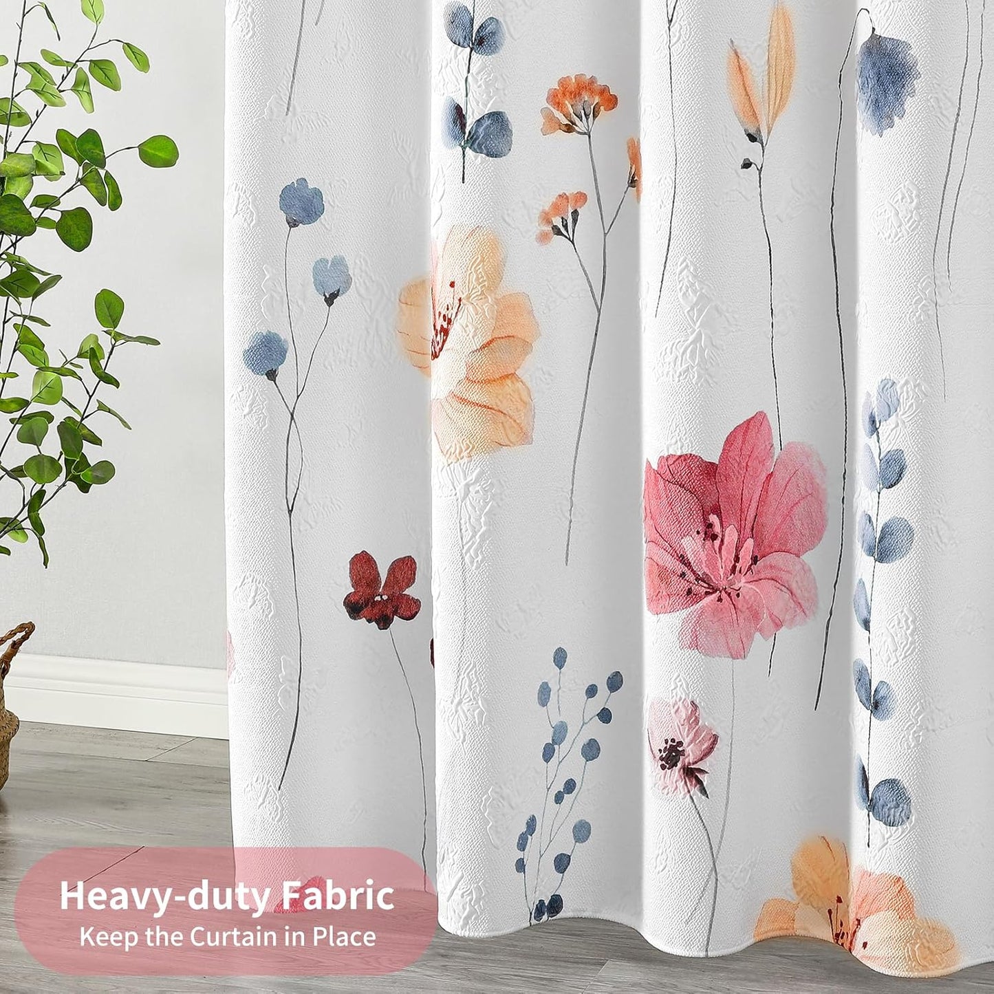 QiyI Watercolor Floral Shower Curtain, 3D Embossed Butterflies Peach Pink Flower Bathroom Curtain, Minimalist White Cloth Bath Curtain, Waterproof Fabric Textured Shower Curtain Set with Hooks, 72x72