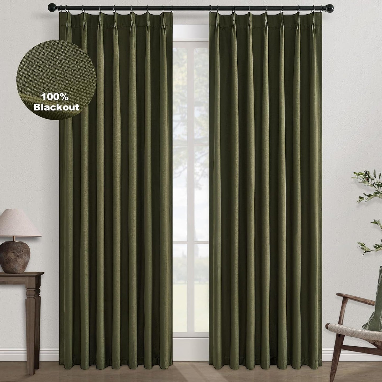 Topfinel 120 Inches Long Extra Long Olive Green Linen Curtains for Living Room,100 Percent Blackout Floor to Ceiling Pinched Pleated Boho Insulating Drapes 2 Panels for Track System,10 FT Bay Window