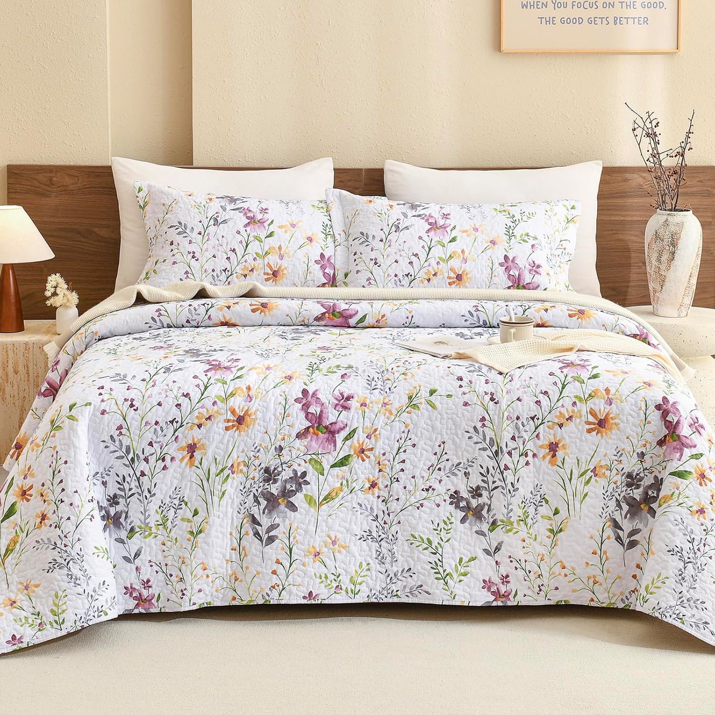 Lady Ann Oversized King Bedspreads for Extra Bed 128x120, Wild Floral Printed Quilt Set 100% Cotton Yellow Flower Botanical Pattern Bedding, Vintage Coverlet with Pillow Shams for All Season, 3 PCS