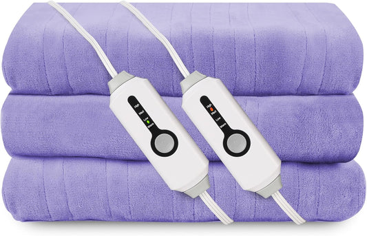 Electric Heated Blanket 90"x100" King Size, Soft Coral Fleece, Dual Controllers with 4 Heating Levels and 10 Hours Auto-Off, Machine Washable, Cozy Plush Fabric for Home, Light Purple