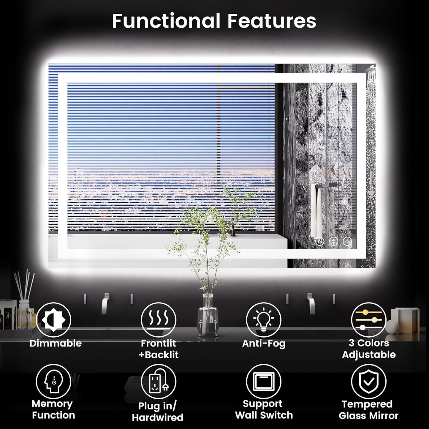 48X30 LED Bathroom Mirror with Lights, Anti-Fog, Backlit + Front Lit, Lighted Bathroom Vanity Mirror for Wall, Memory Function, Dimmable, Tempered Glass, Shatter-Proof, ETL Listed