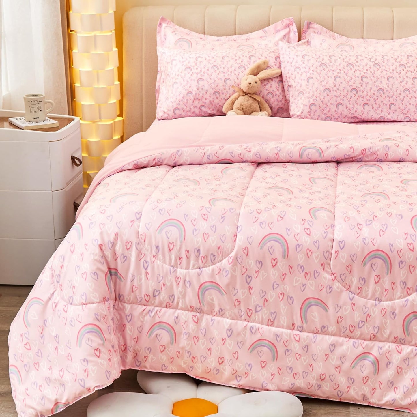 Viviland Kids Twin Bedding Sets for Girls, Soft Twin Comforter Set with Sheets, 5 Pieces Microfiber Bed in a Bag, Pink Heart Rainbow
