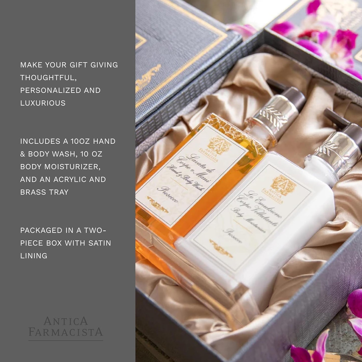 Antica Farmacista Acrylic Bath & Body Gift Set - Hand & Body Wash (10 oz), Body Moisturizer (10 oz) & Acrylic Tray - Self-Care Gift Box for Holidays, Birthdays & Housewarming - Prosecco