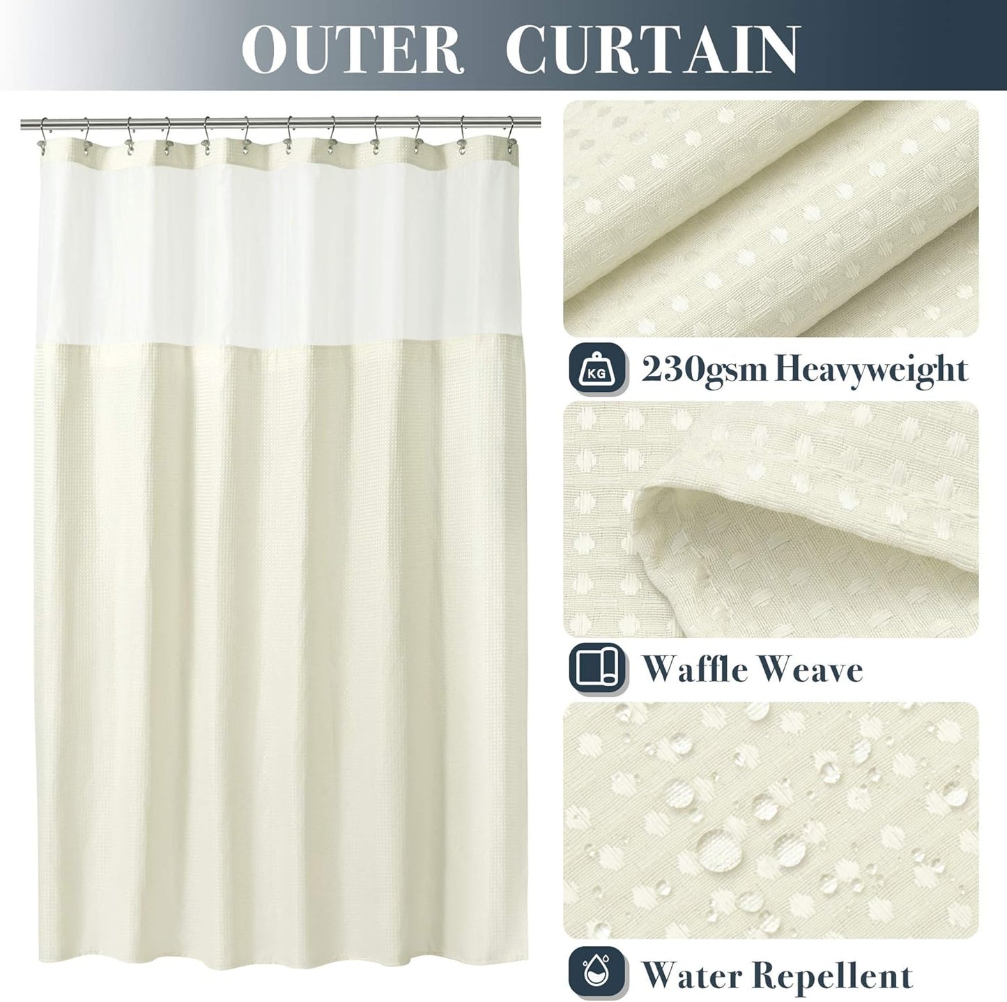 N&Y HOME Waffle Weave Shower Curtain with Snap-in Fabric Liner & Hooks Set - Hotel Style Cream Shower Curtain for Bathroom, Water-Repellent & Washable, Mesh Top Window - 71x72, Cream