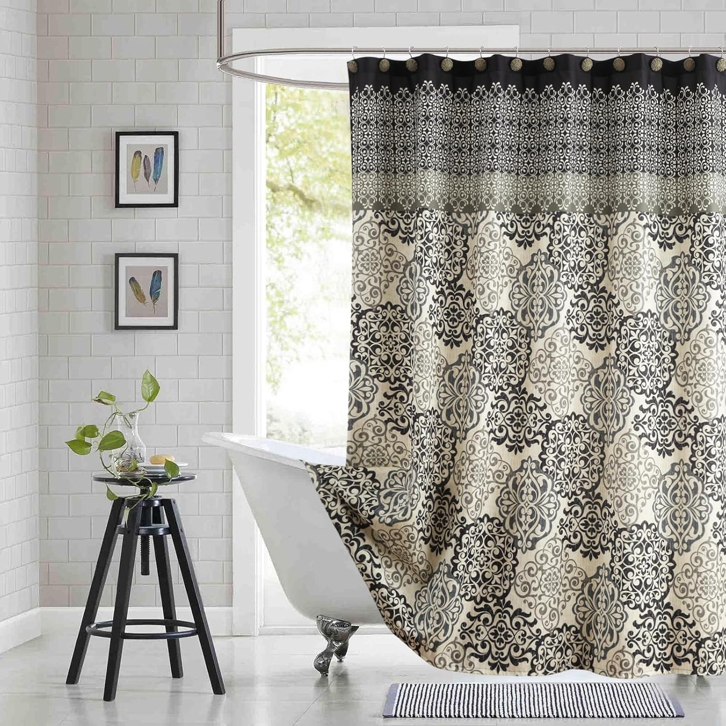 Stall Fabric Shower Curtain, Black and Beige Boho Medallion Print Shower Curtains for Bathroom, 54" W x 72" H