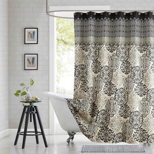 Extra Wide Fabric Shower Curtain, Black and Beige Medallion Print Wrap Around Shower Curtains for Bathroom Clawfoot Tubs, 108" W x 72" H