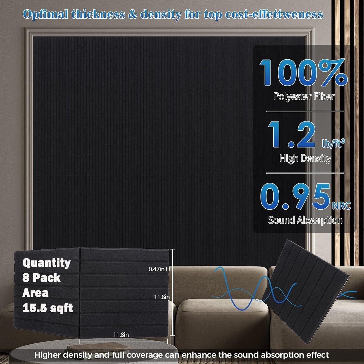 8 Pack Large- Fold, Soundproof Slat Wall Panel,24 x 12 x 0.47 in,Self Adhesive, 3D Fluted Sound Absorbing Panel, Acoustic Wall Panels,Studio, Home, Cinema,Office.(Black).