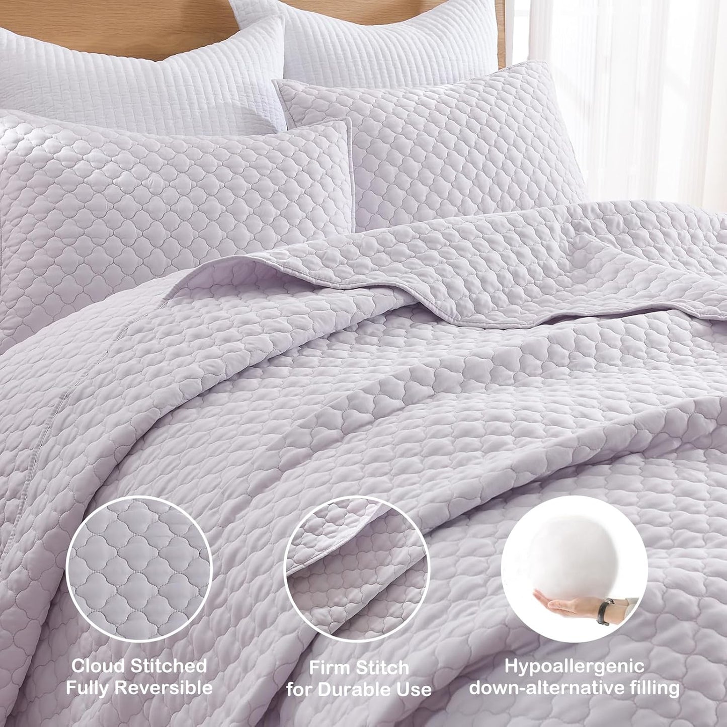 HORIMOTE HOME Quilt King Size Lavender(Light Purple), Lightweight Quilt for Summer, Ultra-Soft Microfiber Modern Style Quilted Clouds Pattern Bedspread Quit Set 3 Pieces(1 Quilt and 2 Pillow Shams)