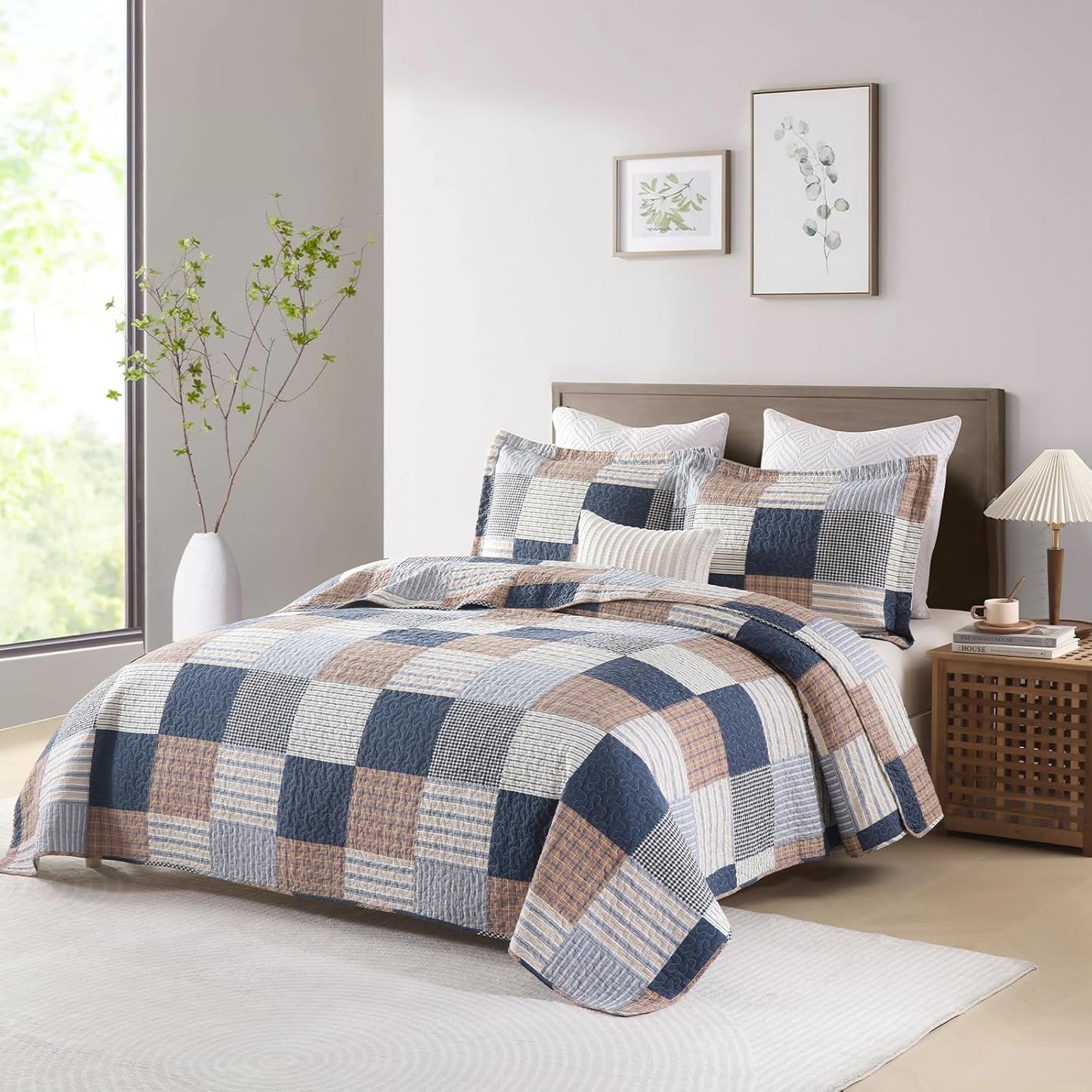 Uniclinens Plaid Quilt Set King Size, 100% Cotton Patchwork Plaid Quilt Bedding Set Bedspreads, Farmhouse Lightweight Comforter Quilted Quilt, 3 Pieces Set with 2 Pillowshams, Navy/Brown/White
