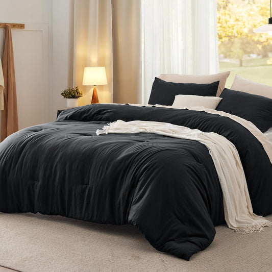 Bedsure King Size Comforter Set, Black Soft Prewashed Bedding for All Seasons, 3 Pieces GentleSoft™ Warm Down Alternative Bed Set, 1 Lightweight Comforter (104"x90") and 2 Pillowcases (20"x36")