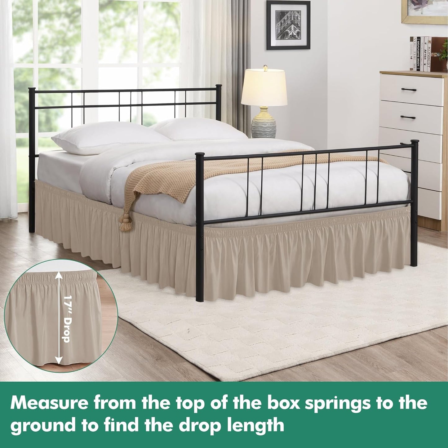 Biscaynebay Wrap Around Bed Skirts with Split Corners for Full Beds 17" Drop, Light Camel Elastic Dust Ruffles Easy Fit Wrinkle & Fade Resistant Silky Luxurious Fabric Solid Machine Washable