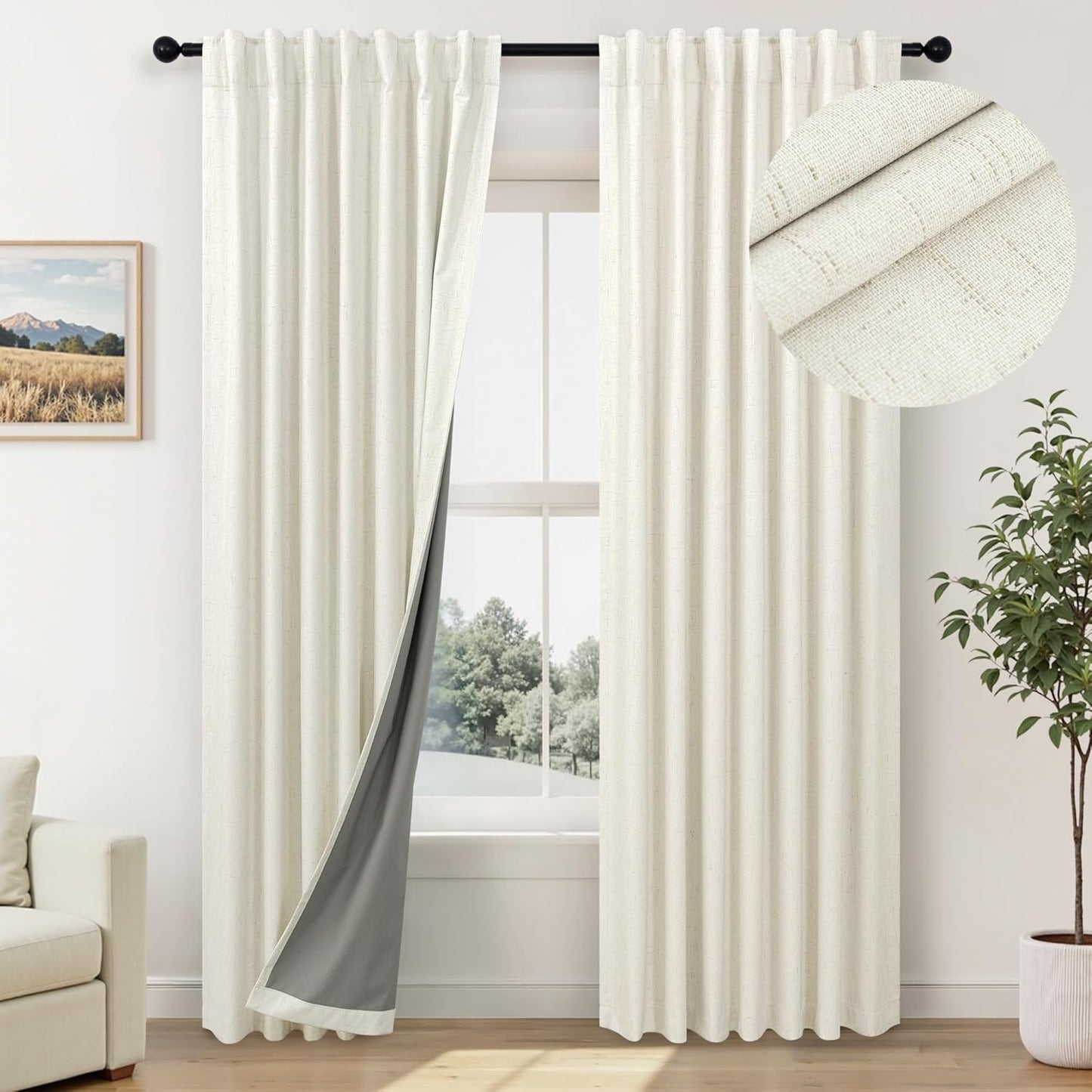 Room Darkening Curtains 63 Inches Long Small Bay Window Dining Room Curtains Boho Soft Cotton Linen Textured Insulated Back Tab Pocket Pleated Blackout Drapes Cream Ivory 52 x 63 Inch Length 2 Panels