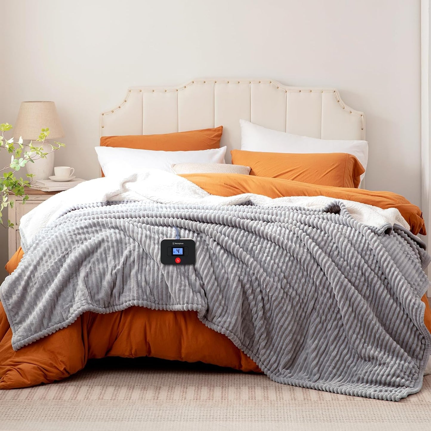 Westinghouse Electric Blanket Twin, Soft Ribbed Flannel to Sherpa Heated Blanket with 10 Heating Levels & 1-12 Hours Auto Shut Off, Fast Heating & Machine Washable, 62x84 Inch, Light Grey