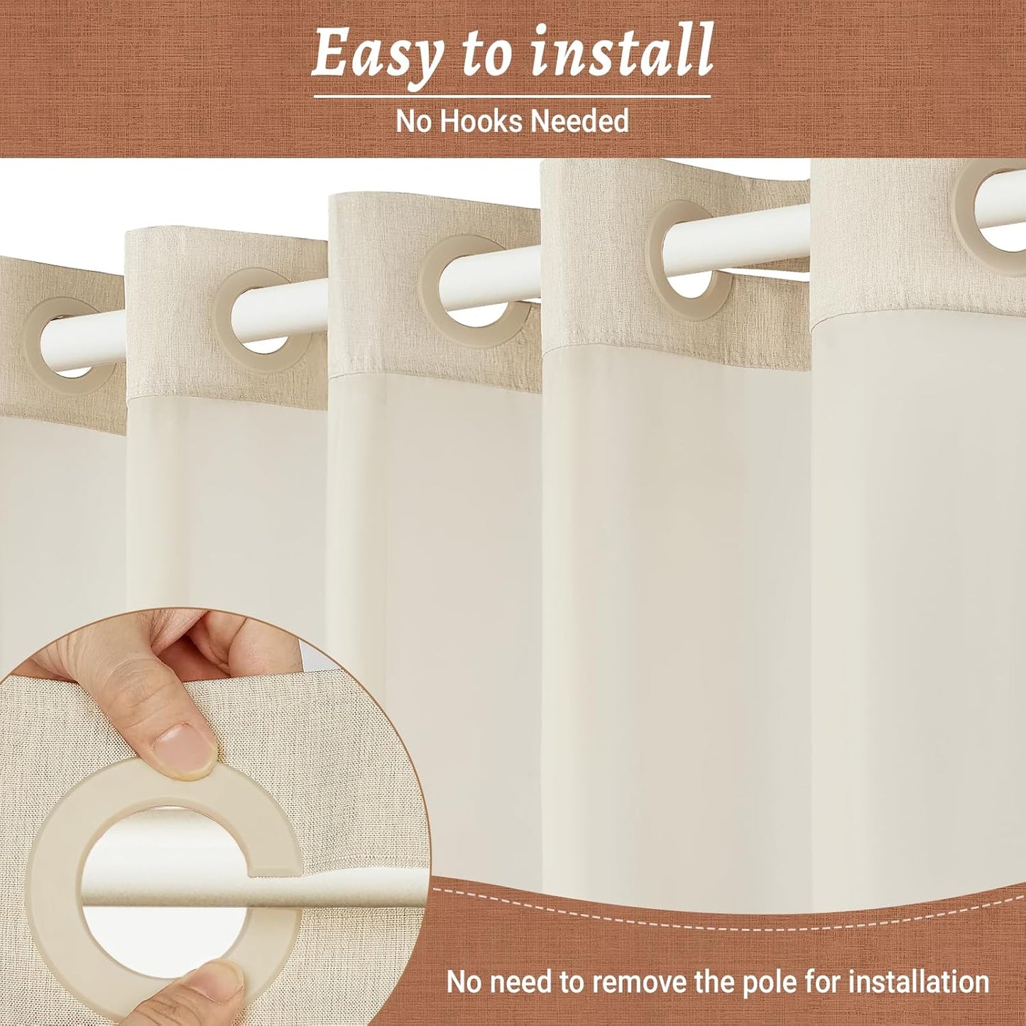 No Hook Cream Shower Curtain and Liner, Linen-Look Polyester Textured Shower Curtain with Snap in Liner, Waterproof & Washable Bath Curtains for Bathroom, 71Wx74H
