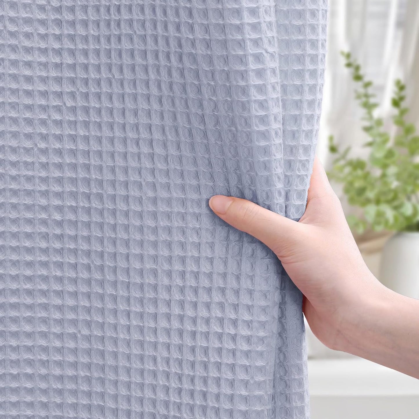 Long Waffle Shower Curtain - Misty Blue Cotton Texture Fabric Heavyweight Shower Curtain for Bathroom,72Wx78L