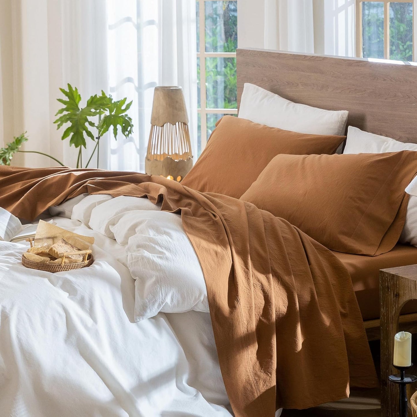 MooMee Bedding Sheet Set 100% Washed Cotton Linen Like Textured Breathable Durable Soft Comfy (Solid Dark Orange, California King)