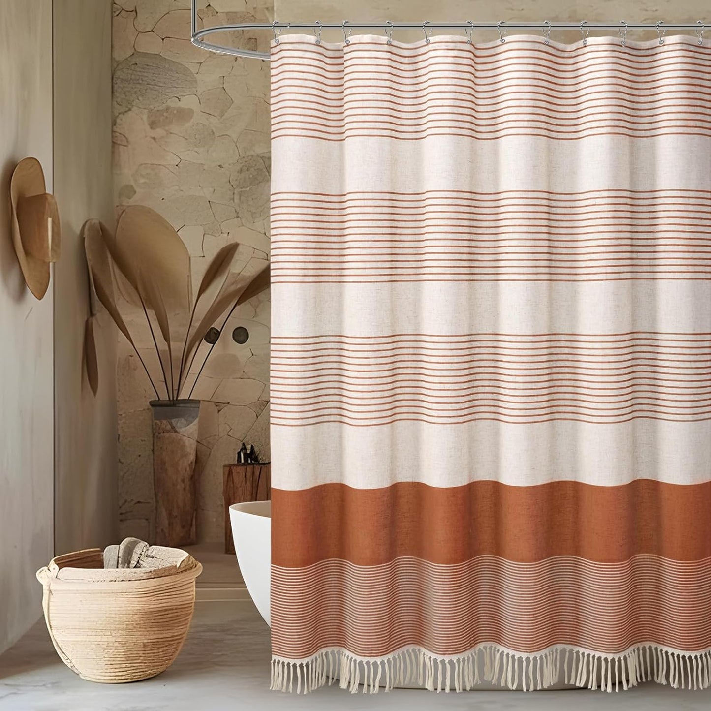 Awellife Farmhouse Shower Curtains for Bathroom,Boho Orange Flax Texture Striped Shower Curtain Shower Curtain with Tassels Rustic Neutral 72x72