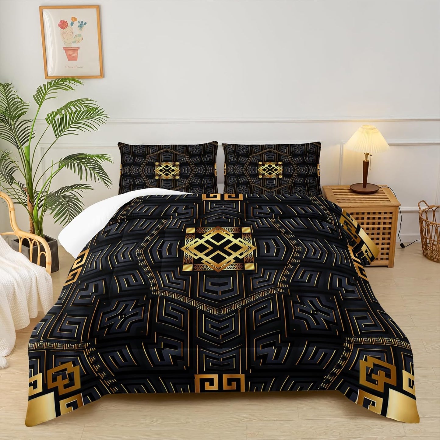 Black and Gold Plaid Comforter Set King，King Quilt Bedding Set Plaid，with 1 Comforter with 2 Pillow Case