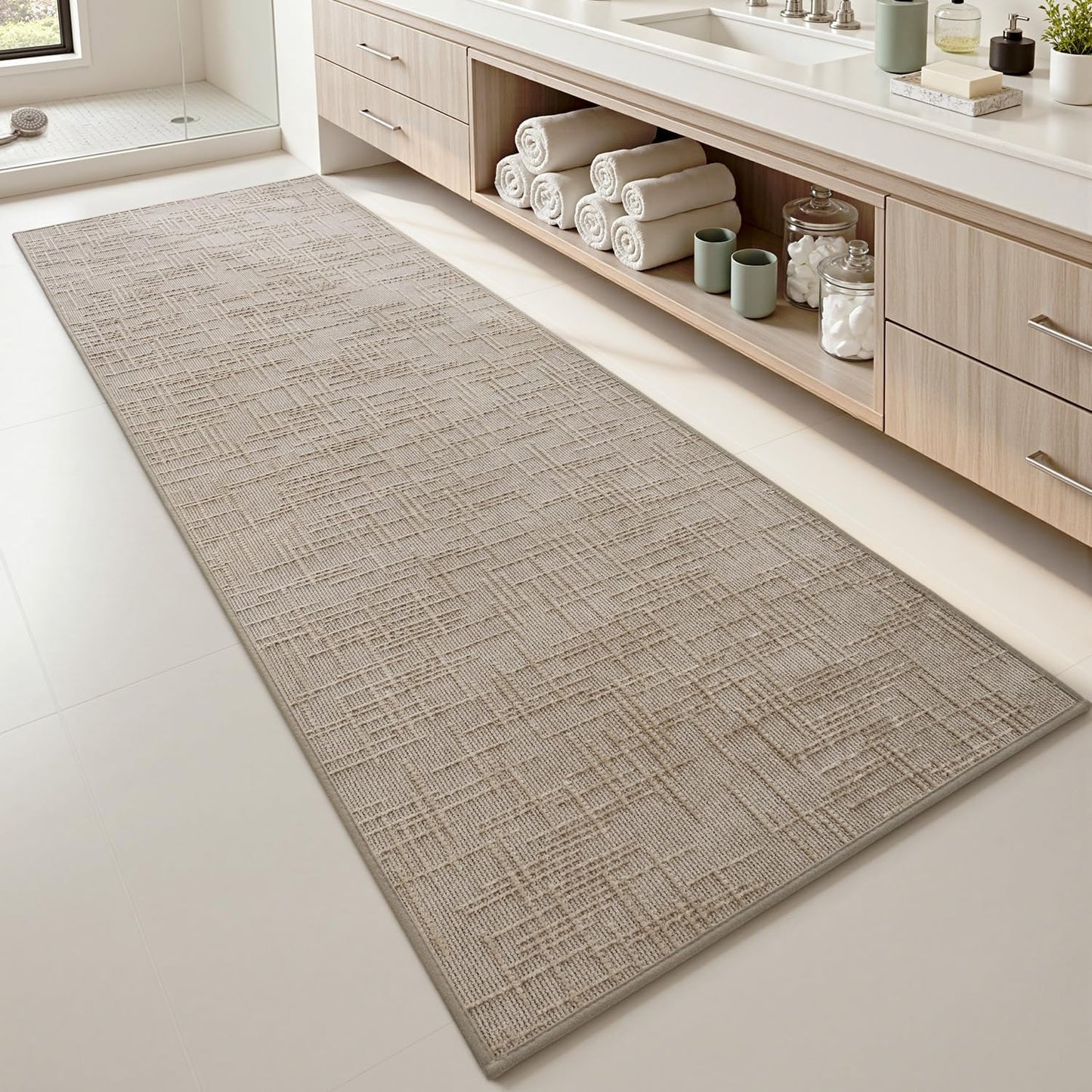 AMOAMI Bath Mat Non Slip Super Absorbent Quick Dry Bath Mats for Bathroom Floor Rubber Backing Washable Bathroom Rugs Modern Woven Jacquard Mat, Beside Tub Bath Rugs, 2' x 5', Brown