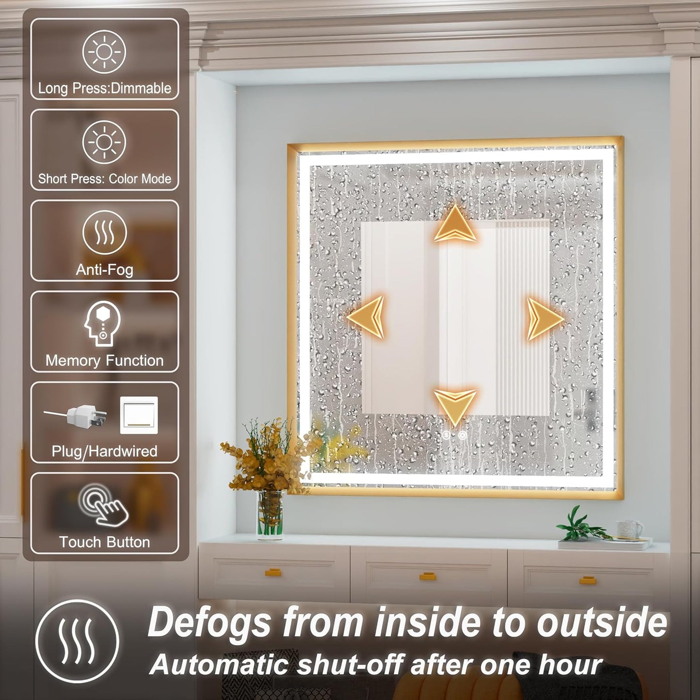 30x30 Inch Gold LED Bathroom Mirror, 3 Color Temperatures (3000K/4500K/6000K), Anti-Fog, Dimmable Lights, Memory Function, Horizontal/Vertical Wall Mounted