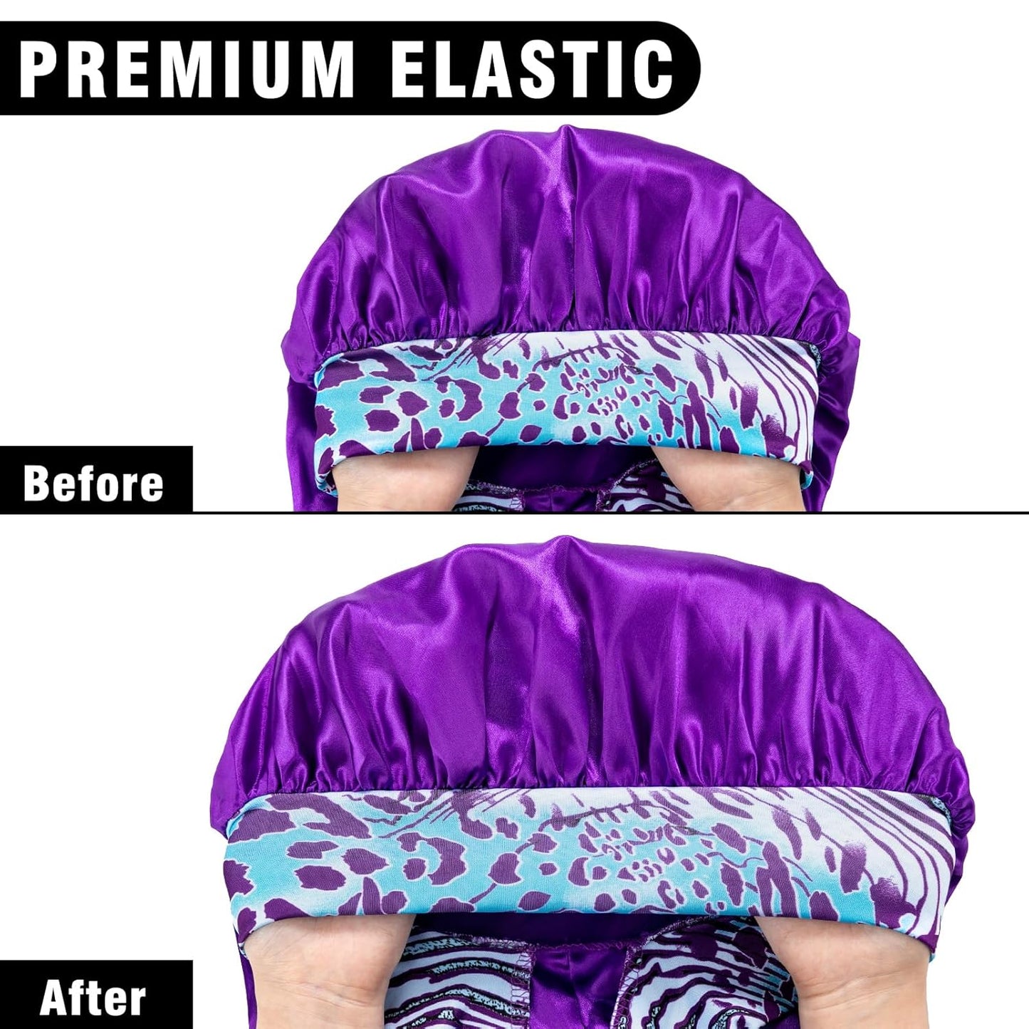 2Pcs Bonnets for Women Sleeping Braid Bonnet, Large Long Satin Silk Bonnet for Braids, Black Women Braid Bonnets with Stretchy Tie Band for Sleeping Extra Long (Black & Purple Pattern)