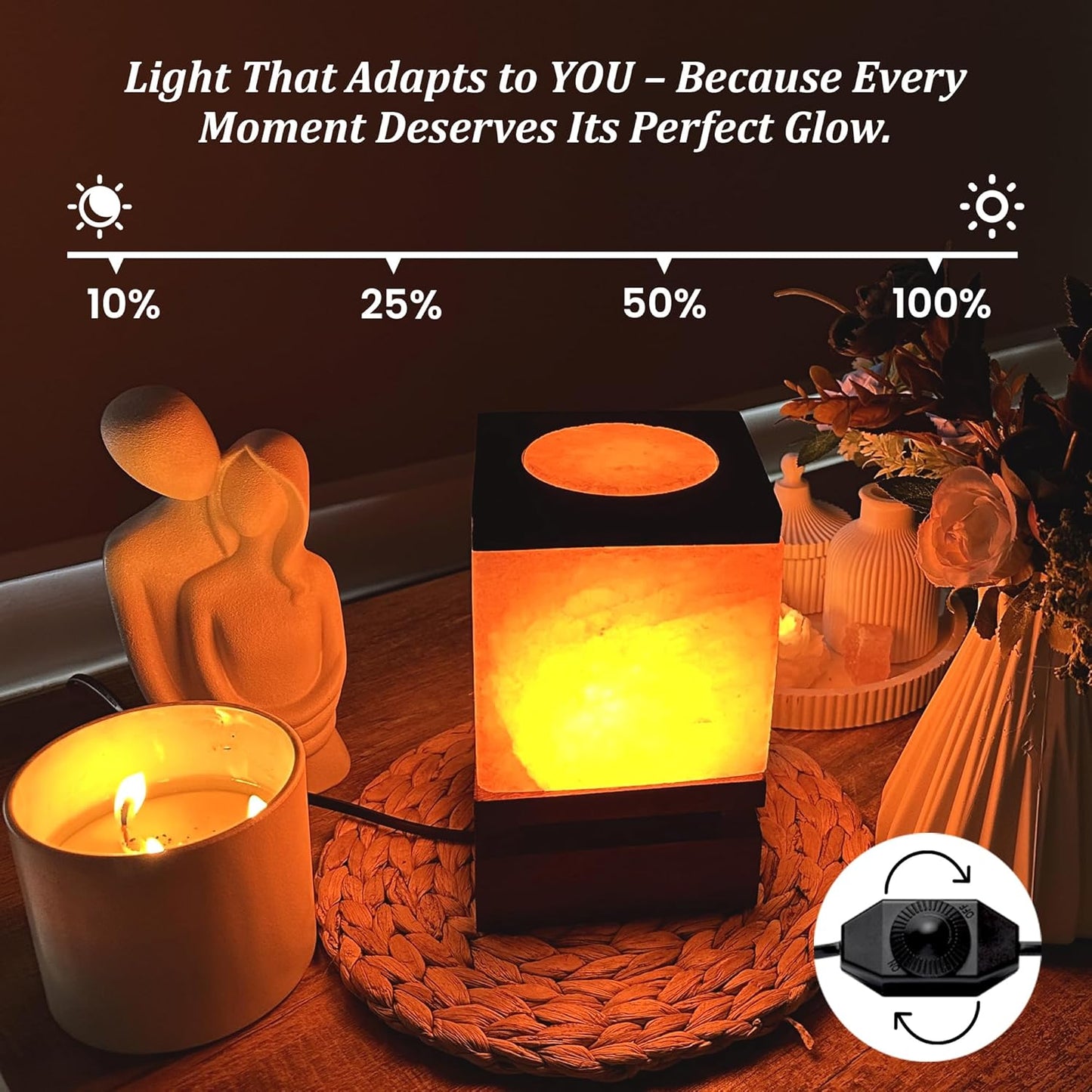 POHS 100% Authentic Cube Shape Himalayan Pink Salt Lamp with Brown Wooden Base, Dimmer Switch Cord and Two Bulbs, Night Light for Home and Office Table and Desk, Gift and Decor