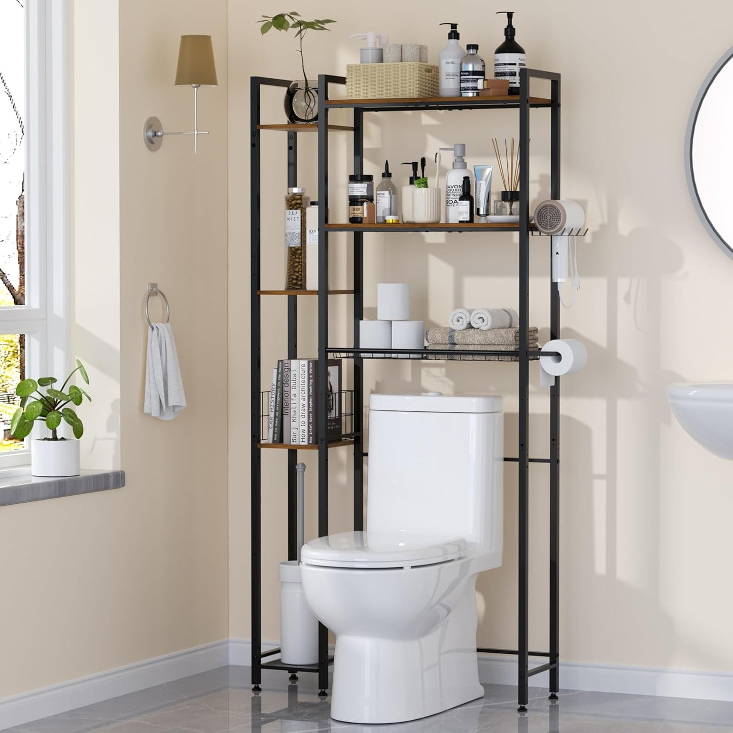 31.5" Wide Over Toilet Bathroom Organizer, Solid Wood Over The Toilet Storage With Paper Holder, Hooks, Side Shelf, Freestanding Bathroom Shelves Over Toilet for Laundry Room, Dorm Room, Balcony