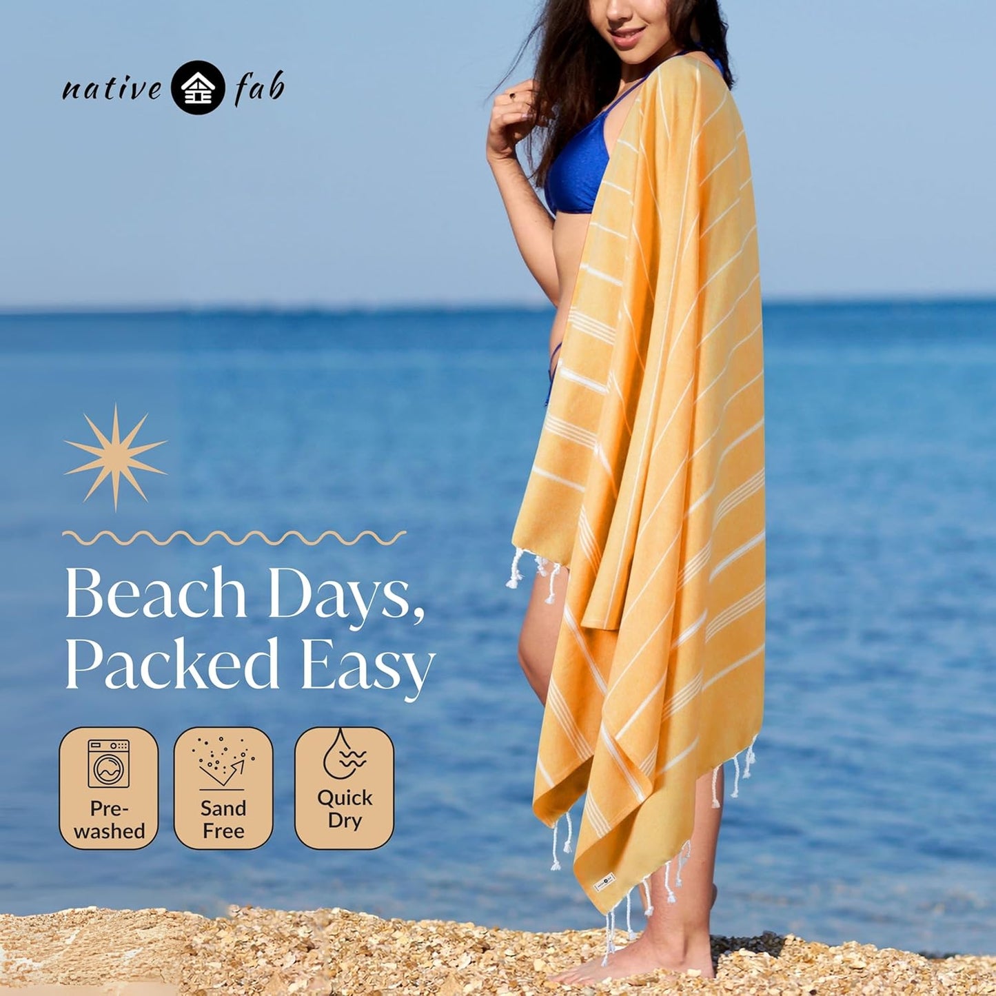Native Fab 6 Pack Turkish Beach Towels, Oversized 40"x71", 100% Cotton, Thin & Lightweight, Quick-Dry, Sand-Free, Soft, Travel Friendly, Compact, Ideal for Pool, Spa, Gym, Beach - Multi 6 Colors