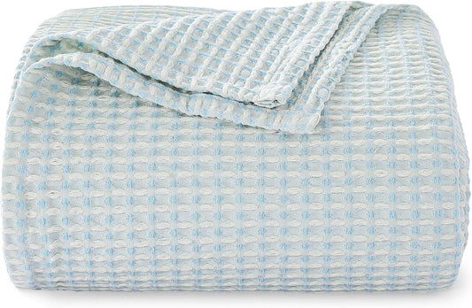 EGOHOME 100% Cotton Queen Size Blankets for Bed,Soft Jacquard Waffle Weave Blanket,Lightweight and Breathable Unique Dual-Tone Texture Cotton Blanket for All Seasons-Angel Falls Blue,90 x 90 Inches