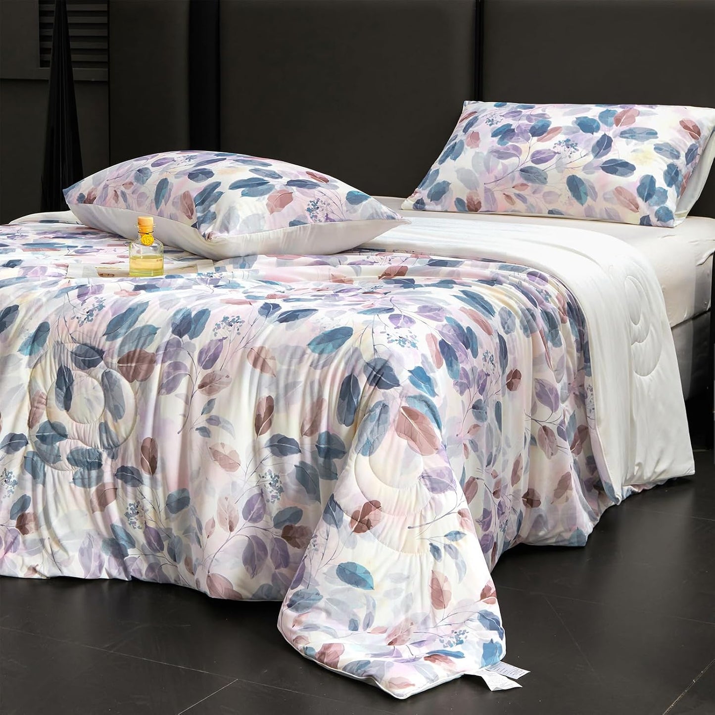 Cyusri Print Cooling Comforter Set 2Pcs Breathable Cool Twin Size Bedding Set with 1 Pillowcase Leaf Pattern Silky Cold Quilt, Blue 68"x90"