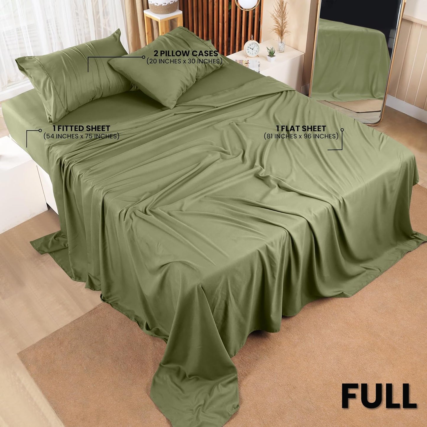 Utopia Bedding Full Sheet Set – 4 Piece Bed Sheets for Full Size Bed, Soft and Breathable Microfiber, Includes 1 Fitted Sheet, 1 Flat Sheet and 2 Pillowcases (Olive)