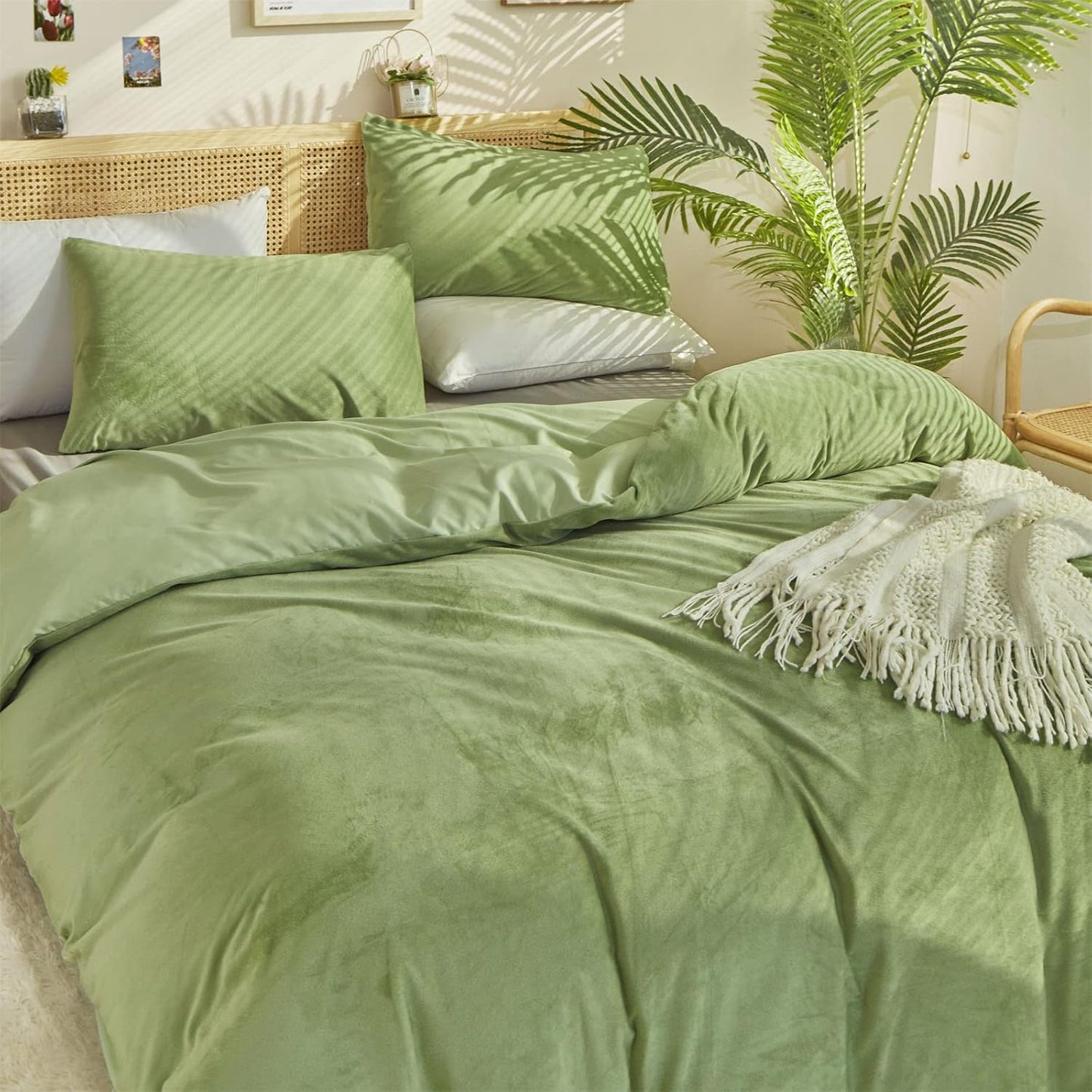 Cottonight Sage Velvet Fluffy Flannel Bedding - Twin Light Green Plush Comforter Set With Blanket & Quilts - Warm & Soft for Women & Men