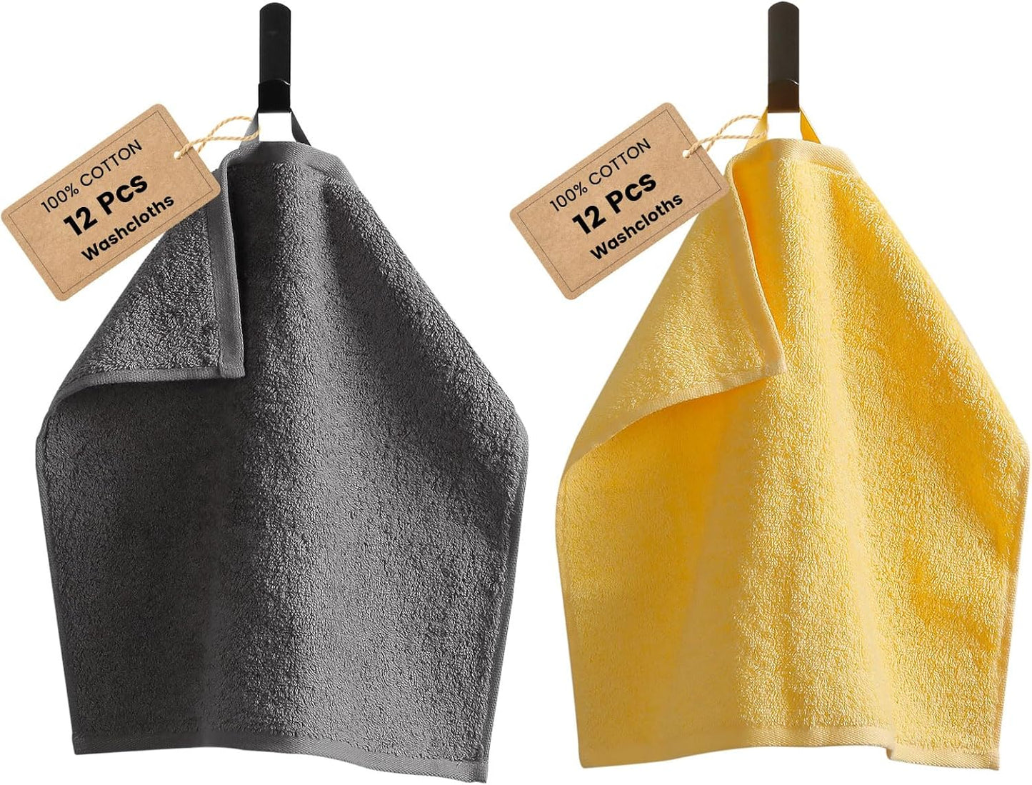 SEMAXE 100% Cotton Washcloths for Bathroom - 24 Pack, Quick-Dry Face Towels with Hanging Loop, Highly Absorbent and Soft, 13x13 Inch, Yellow & Grey