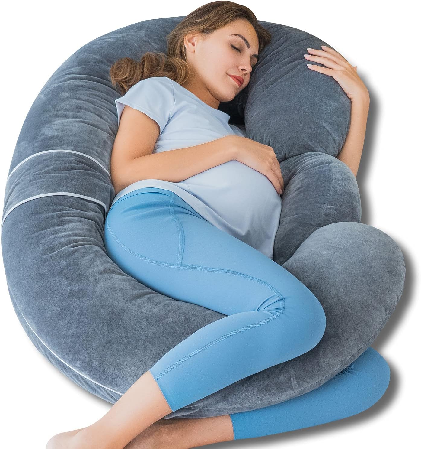 QUEEN ROSE Pregnancy Pillows - E Shaped Pregnancy Pillows for Sleeping, Detachable Body Pillow for Pregnant Side Sleeper, Grey Velvet Cover, 60in