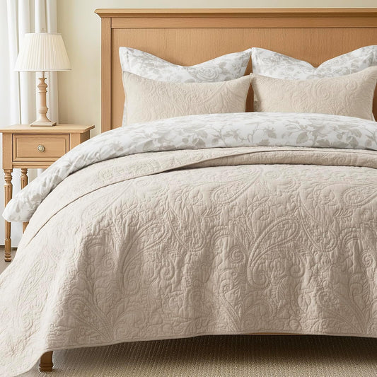 EVERGRACE 100% Cotton Paisley Quilt Set, Queen Size 3 Piece Set – Prewashed Lightweight Bedspread with 2 Shams, Soft & Breathable Matelasse Coverlet for All-Season Comfort, Flax Beige