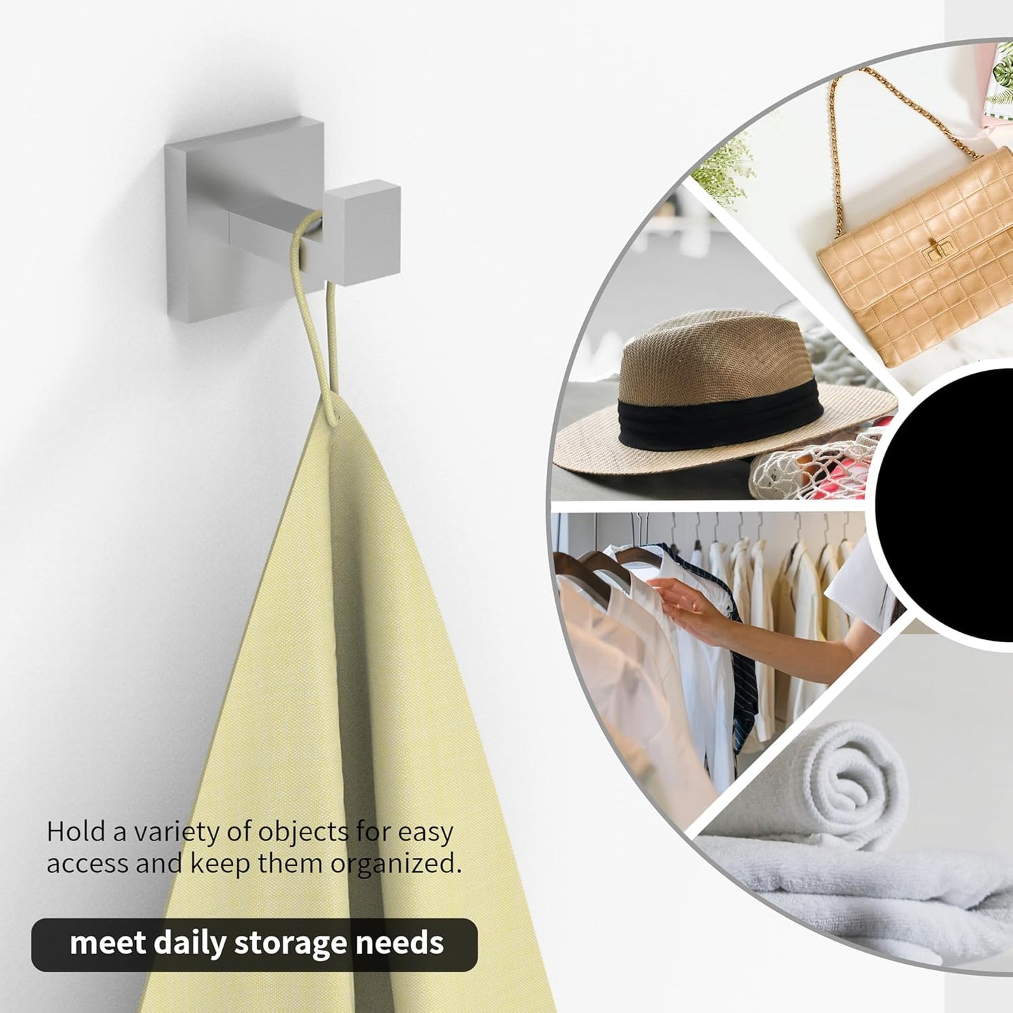 Ruacq Towel Hooks for Bathrooms, 2pcs Square Base Robe Coat Clothes Hook Wall Mount, SUS 304 Stainless Steel Wall Hooks for Hanging, Heavy Duty(Brushed Nickel)