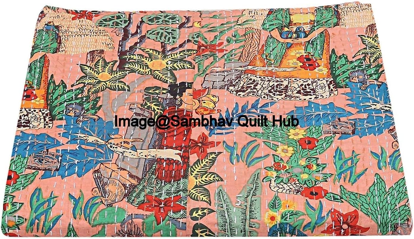 Floral Printed Cotton Quilted Blanket Indian Handmade Bedspread Kantha Work Bohemian Bed Decor Throw Blanket Twin/King/Queen (60X90 inches)