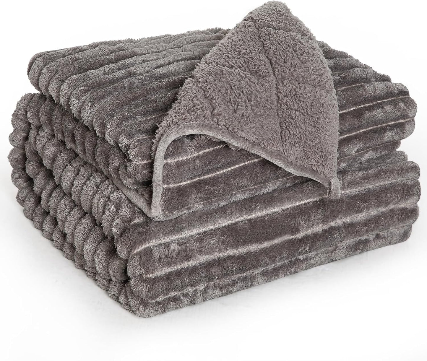 Sherpa Fleece Weighted Blanket with 3D Ribbed Stripes, 12 lbs Soft Flannel Heavy Throw Blanket for Couch Bed Sofa, Heavy Thick Blankets with Ceramic Beads, Great for Sleep, 48" x 72"