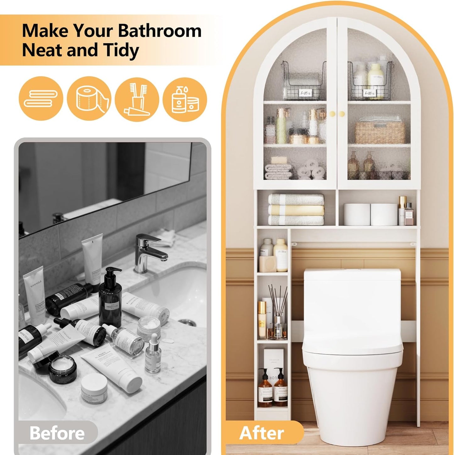 Over The Toilet Storage Cabinet, 29.7”W Modern Storage Cabinet Over Toilet with Acrylic Doors, Arched Freestanding Over Toilet Rack with Adjustable Shelf for Bathroom, Antique White