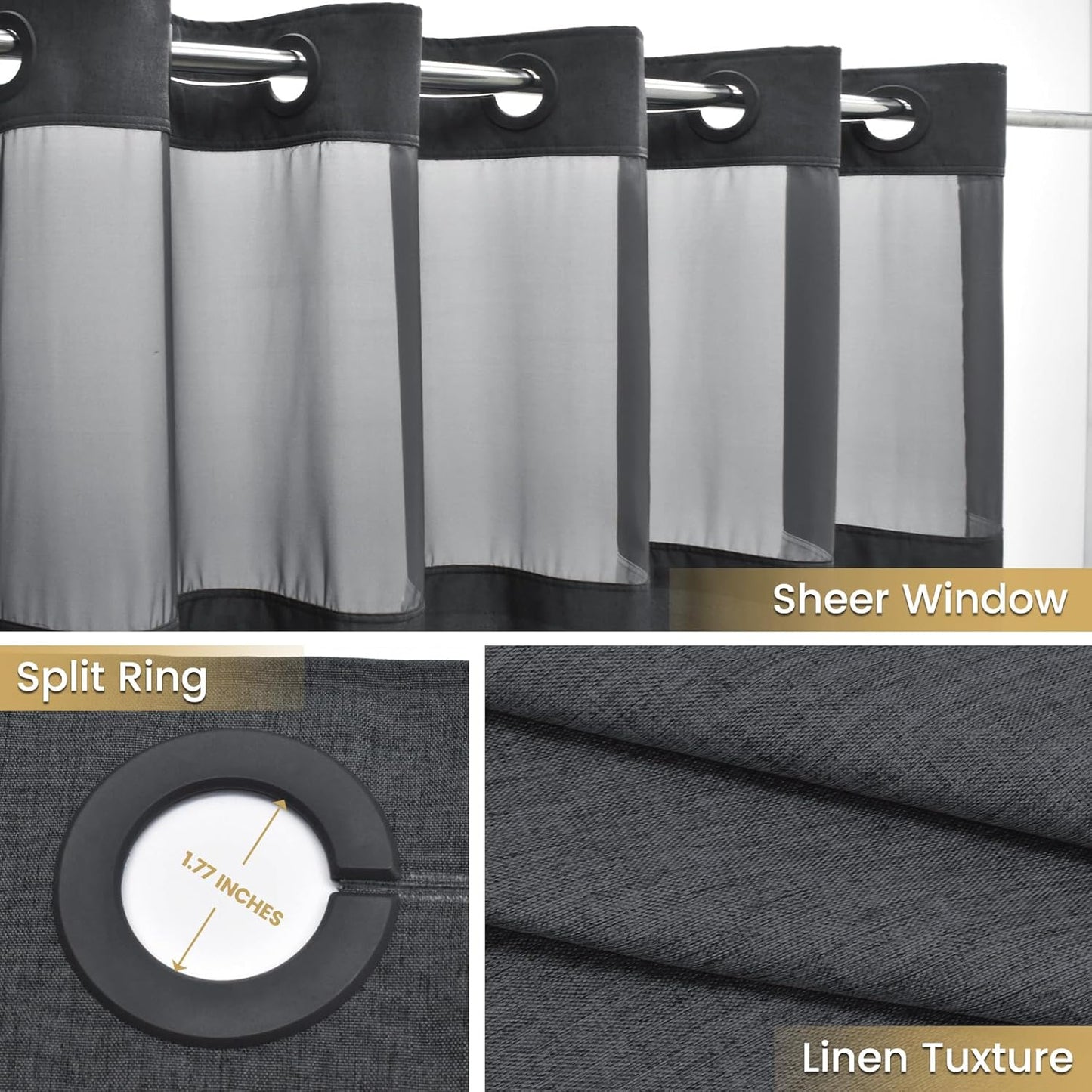 Extra Long No Hook Shower Curtain with Snap in Liner, Polyester Textured Shower Curtain with Liner Set, Waterproof Washable Hotel Style Shower Curtains for Bathroom, 71Wx86H, Charcoal Grey