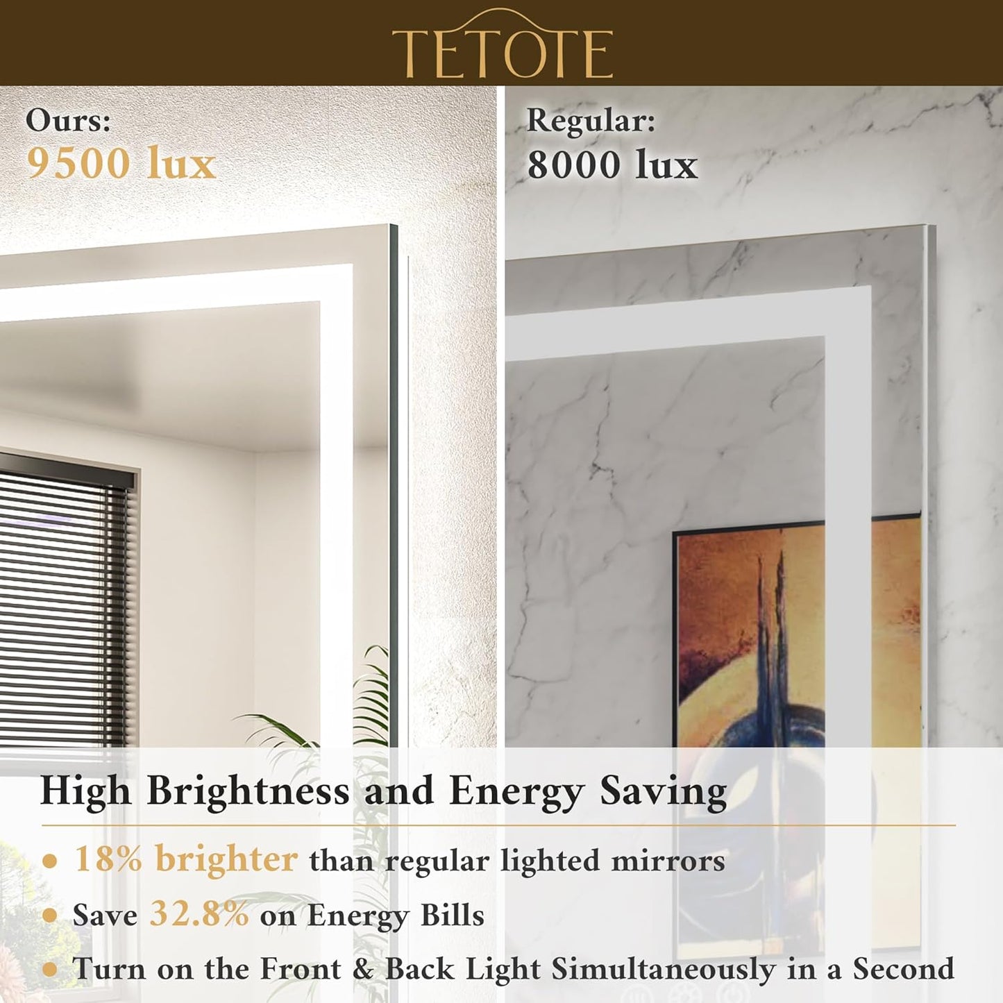TETOTE 48 x 40 LED Lighted Bathroom Mirror with Lights, Brighter Led Vanity Mirror for Bathroom, Front and Backlit Illuminated Anti Fog Light up Mirror 3-Color Dimmable, Waterproof, Tempered Glass