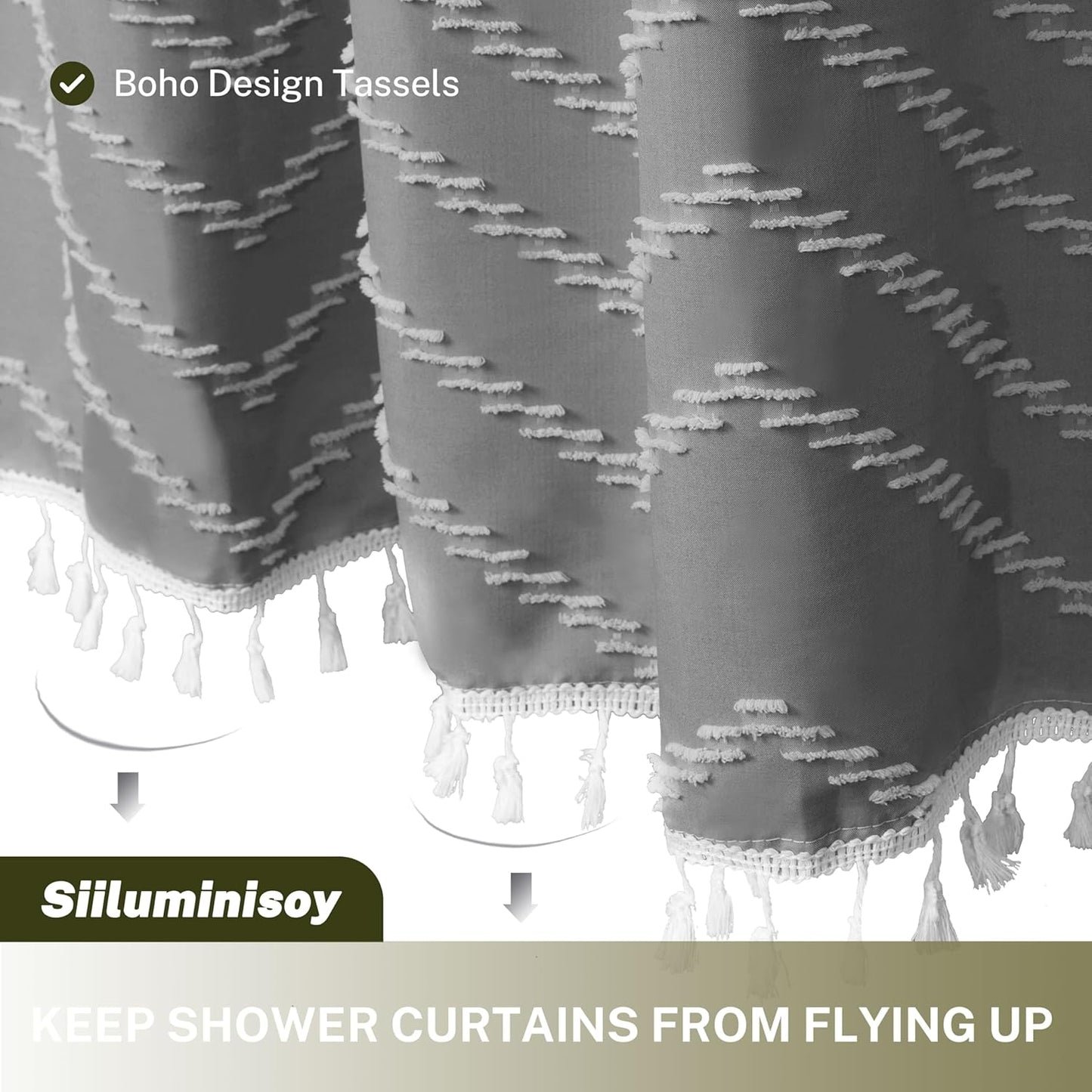 Extra Long Grey Boho Shower Curtain with Tassel, Woven Fabric 84 in Shower Curtain, Tufted Chevron Striped, 72 x 84, Modern Chic Textured Minimalist Bathroom Shower
