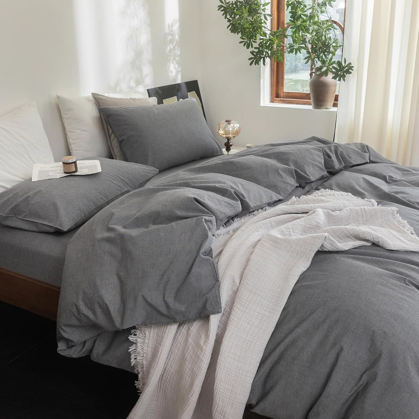 FOSSA Duvet Cover Set 100% Washed Cotton Linen Feel Super Soft Breathable Cozy 3 Pieces Bedding Sets Solid Dark Grey Full/Double