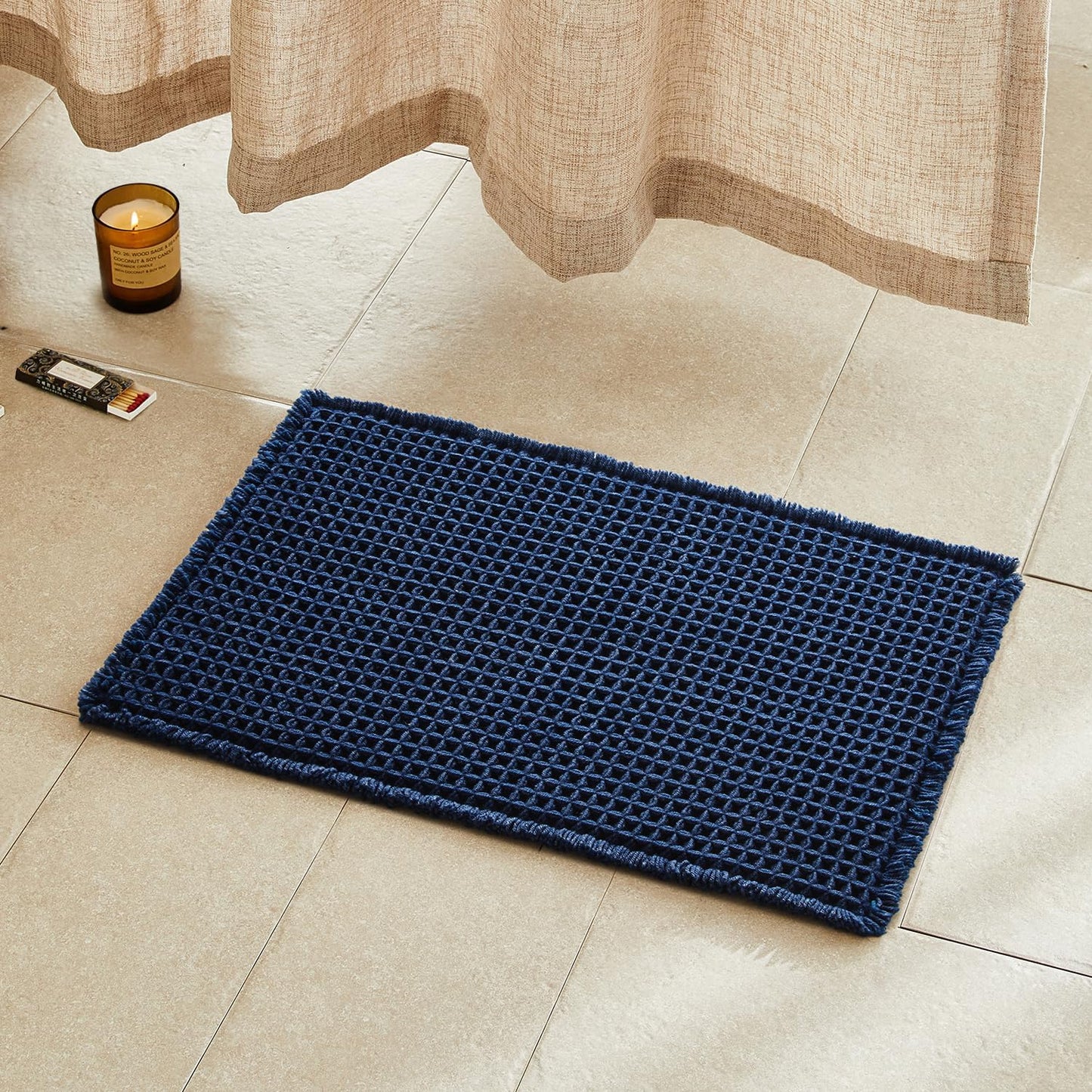 Waffle Bath Mat, Boho Bathroom Rugs Non Slip Washable Super Absorbent Quick Dry Bath Mat Farmhouse Bathroom Decor, 24"x16" Navy Blue