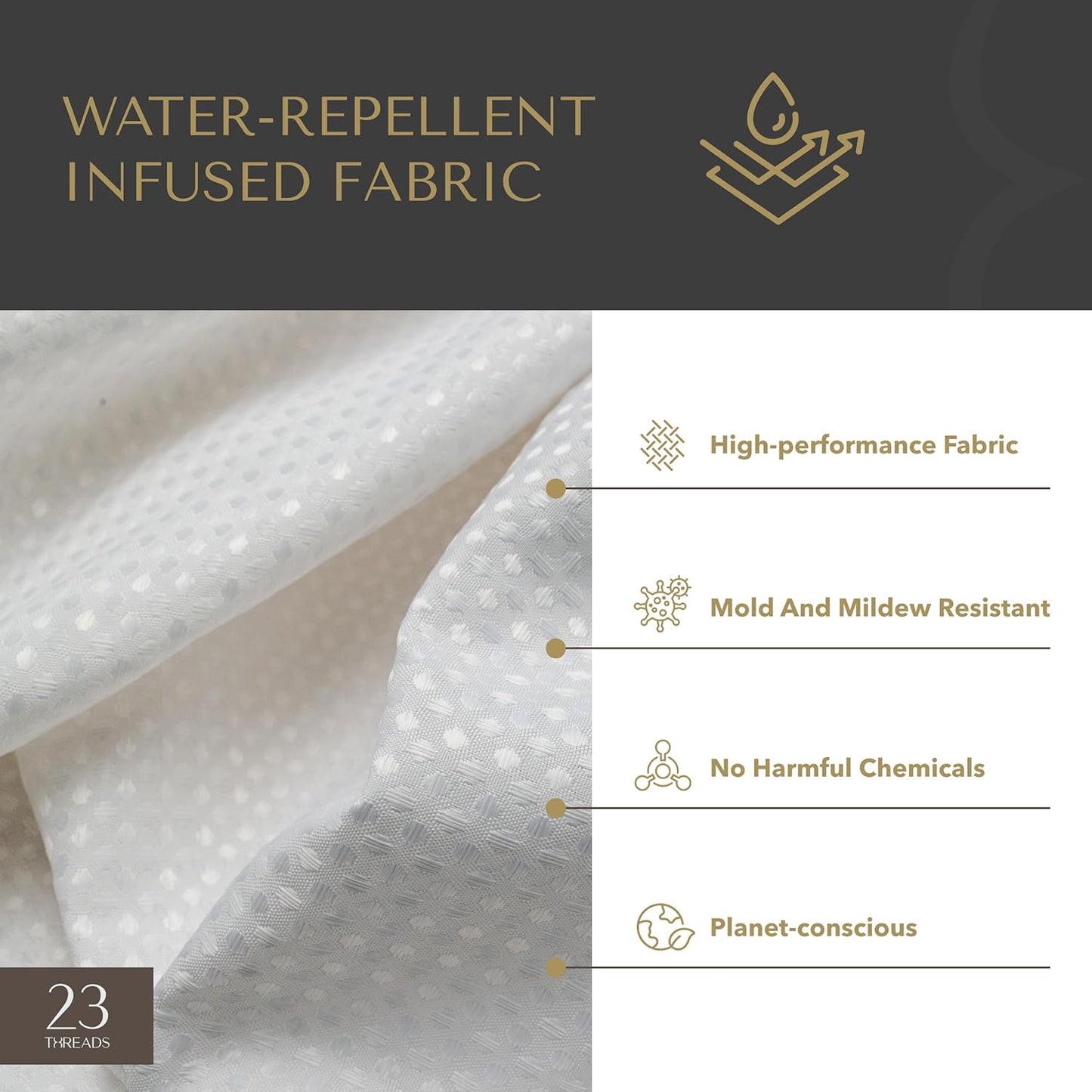 23 THREADS Fabric Shower Curtain for Bathroom, Water Resistant, Made from Sustainable Yarns, White, Waffle Weave